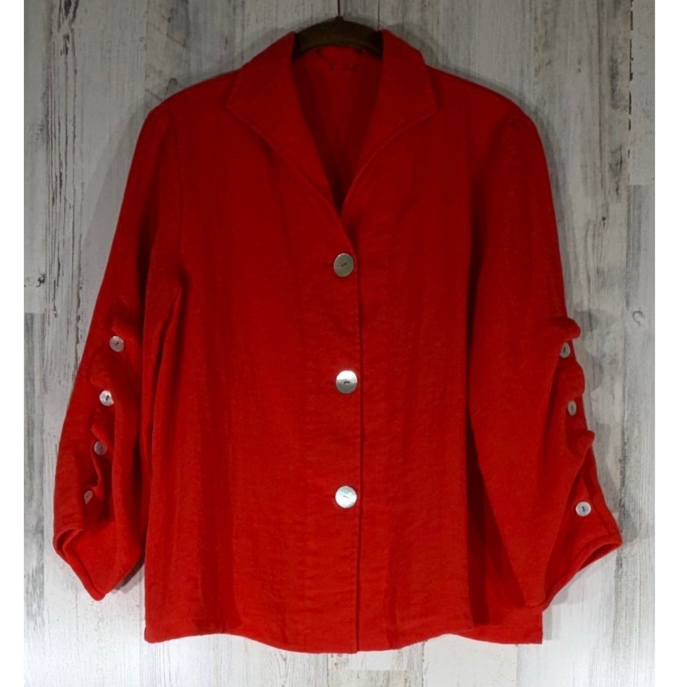 Fridaze Linen Red Button Down Shirt‎ Medium 3/4 Sleeve Shell Button Lagenlook